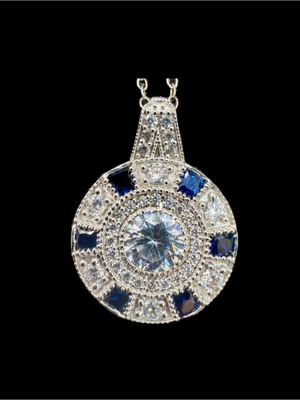 Blue Simulated Sapphire & White CZ Round Pendant Necklace